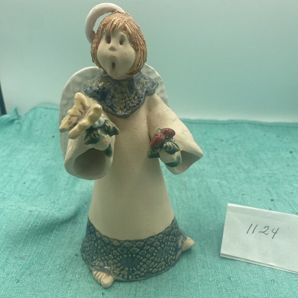 Handmade Pottery Singing Angel Figurine With Butterfly & Flowers Signed 7” Tall